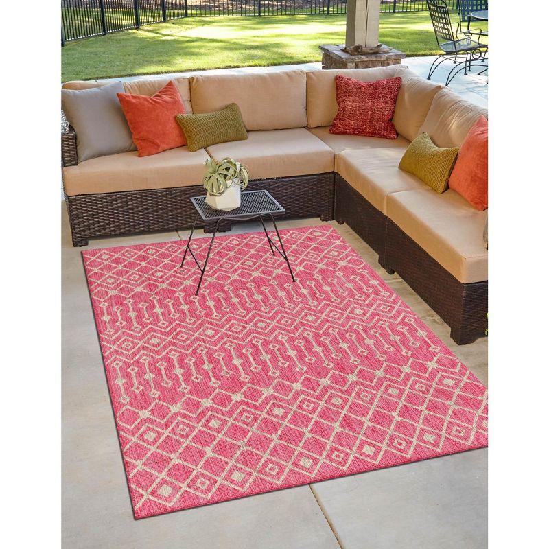 Fuchsia and Beige Synthetic Outdoor Trellis Rug