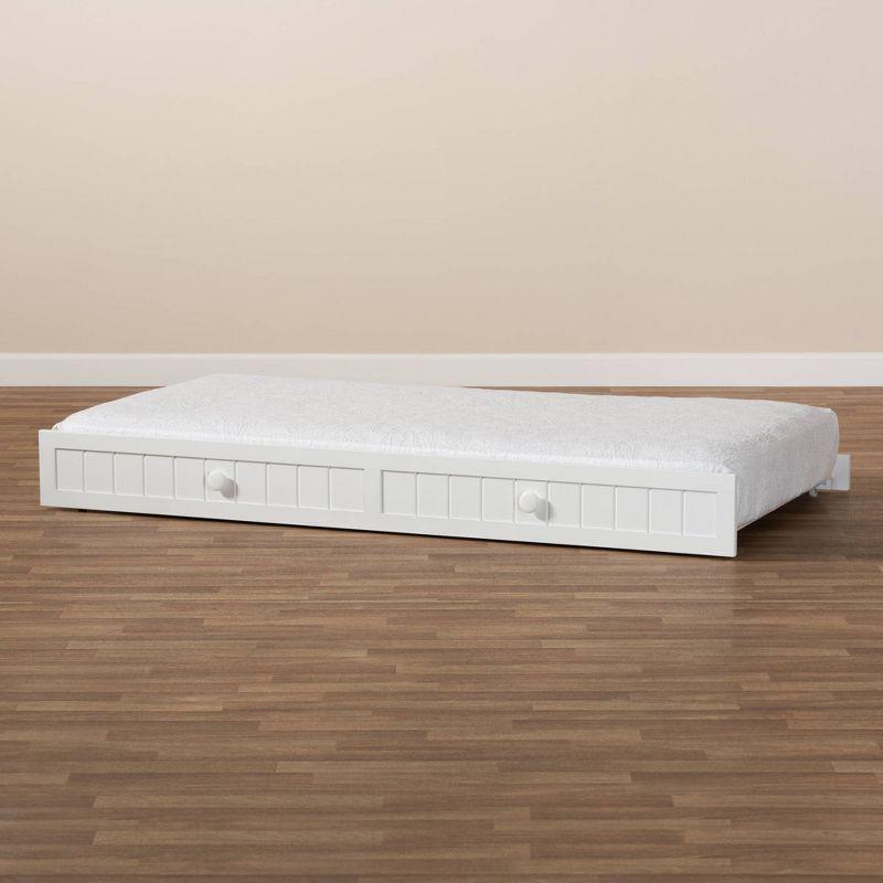 Twin Neves Wood Bed with Trundle White - Baxton Studio: Farmhouse Design, Roll-Out Guest Mattress Support