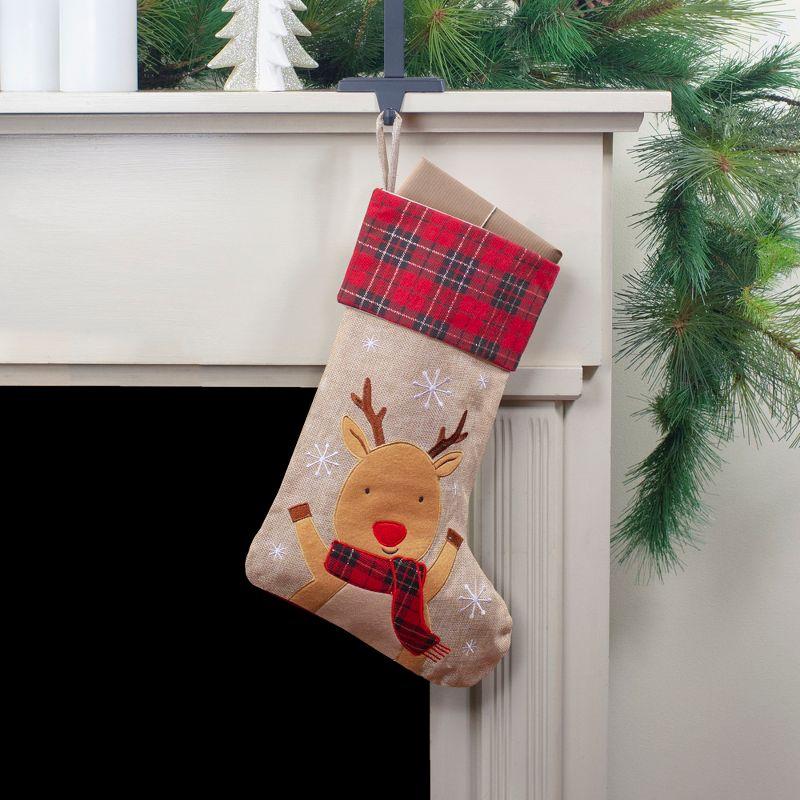 Northlight 19" Burlap Plaid Whimsical Reindeer Waiving Christmas Stocking