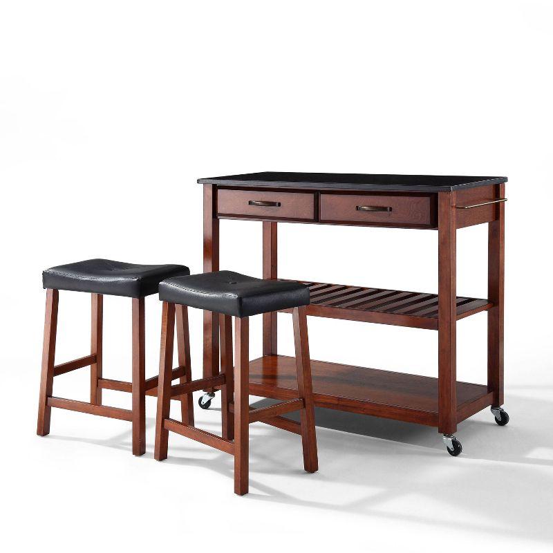 Cherry Finish Granite Top Kitchen Cart with Storage and Saddle Stools