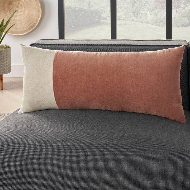 14"x32" Oversized Cotton Velvet Linen Colorblock Indoor Lumbar Throw Pillow Blush - Mina Victory