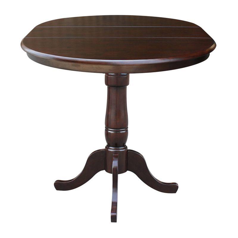 36" Round Counter Height Dining Table with 12" Leaf Rich Mocha - International Concepts: Solid Parawood, Pedestal Base, Seats 4