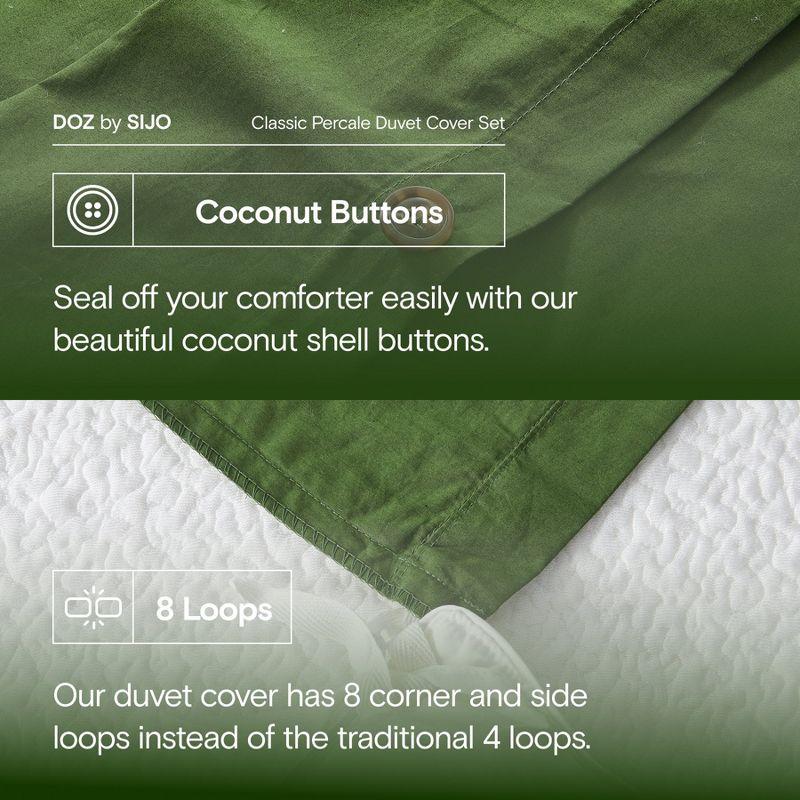 DOZ Long Staple Cotton Duvet Cover Set, Crisp Percale Weave, Breathable, Matte Finish, Durable, Hotel Comfort, 8 Loops