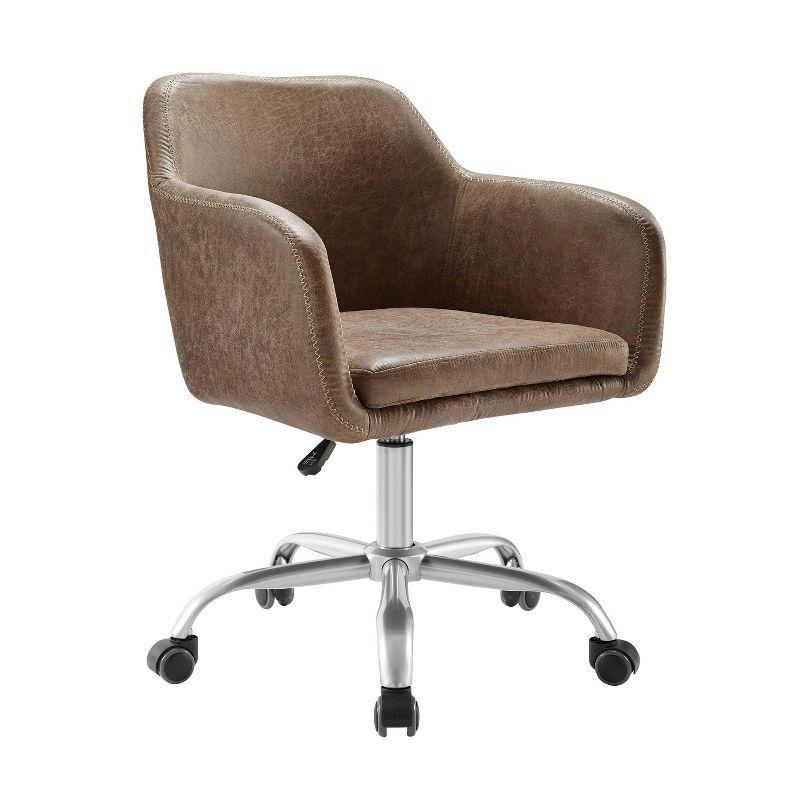 Rustic Brown Leather-Trimmed High-Back Task Chair with Zig-Zag Stitching