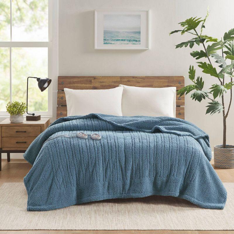 True North by Sleep Philosophy Queen Faux Shearling Electric Blanket Blue: Machine Washable, 5-Year Warranty