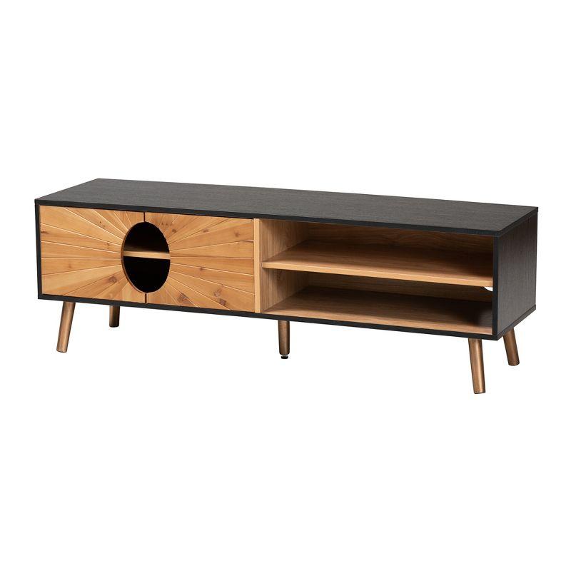 Modern Two-Tone Dark and Natural Brown Wood TV Stand with Cabinet