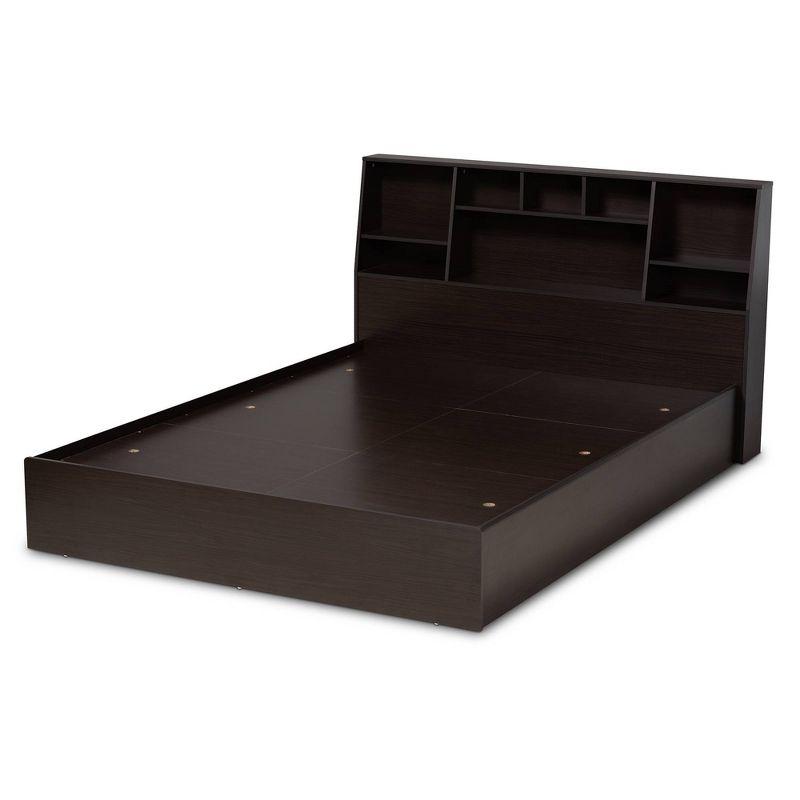 Queen Geoffrey Wood Platform Storage Bed with Shelves Dark Brown - Baxton Studio: Modern Design, No Box Spring Required