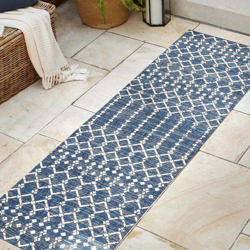 2' x 10' Ourika Moroccan Geometric Textured Weave Indoor/Outdoor Runner Rug, Navy/Beige - JONATHAN Y