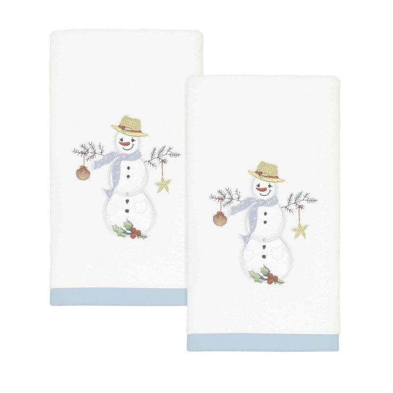 Coastal Snowman Embroidered White Cotton Fingertip Towels, Set of 2