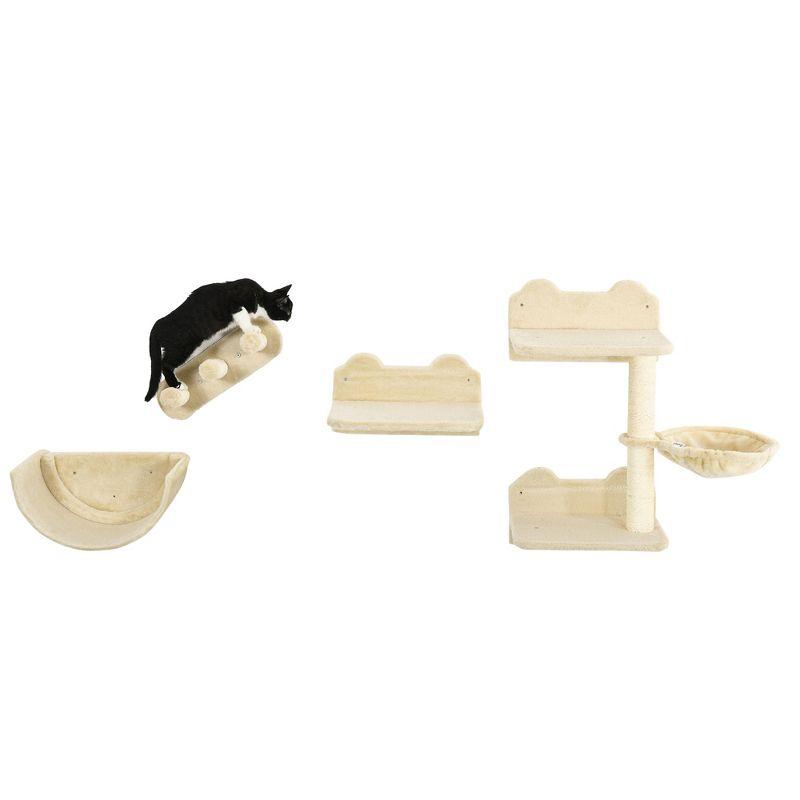 PawHut 4Pcs Cat Wall Shelves, Cat Wall Furniture with Hammock, Scratching Post, 3 Steps, Jumping Platforms for Activity Indoor Cat