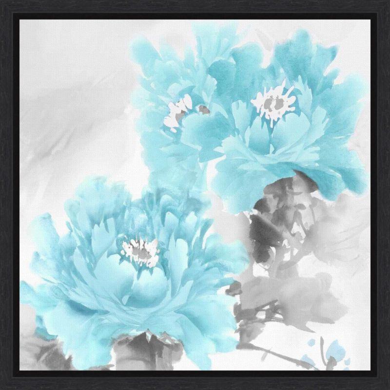 Aqua and Grey Floral Canvas Print with Black Frame