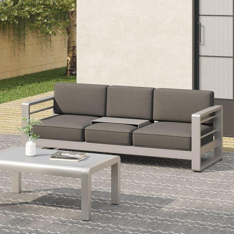 GDFStudio William Outdoor Aluminum 3 Seater Loveseat Sofa with Tray, Silver/Light Gray