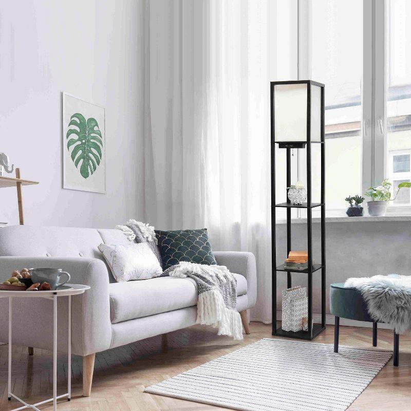 Floor Lamp Etagere Organizer Storage Shelf with 2 USB Charging Ports and Linen Shade - Simple Designs