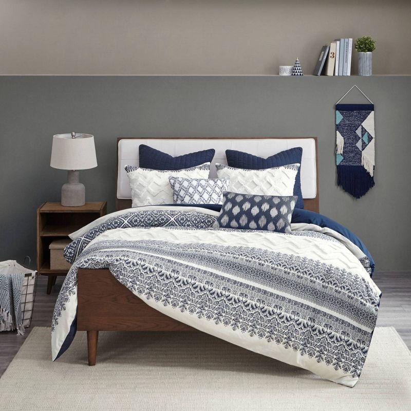 3pc Full/Queen Mila Cotton Duvet Cover Set with Chenille Tufting Navy - Ink+Ivy: Botanical Pattern, OEKO-TEX Certified