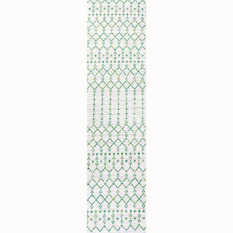 2' x 10' Ourika Moroccan Geometric Textured Weave Indoor/Outdoor Runner Rug, Green/Ivory - JONATHAN Y