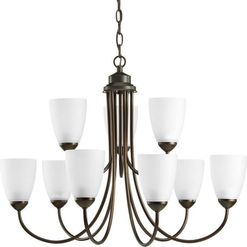 Progress Lighting Gather Collection 9-Light Two-Tier Chandelier, Antique Bronze, White Etched Glass Shades