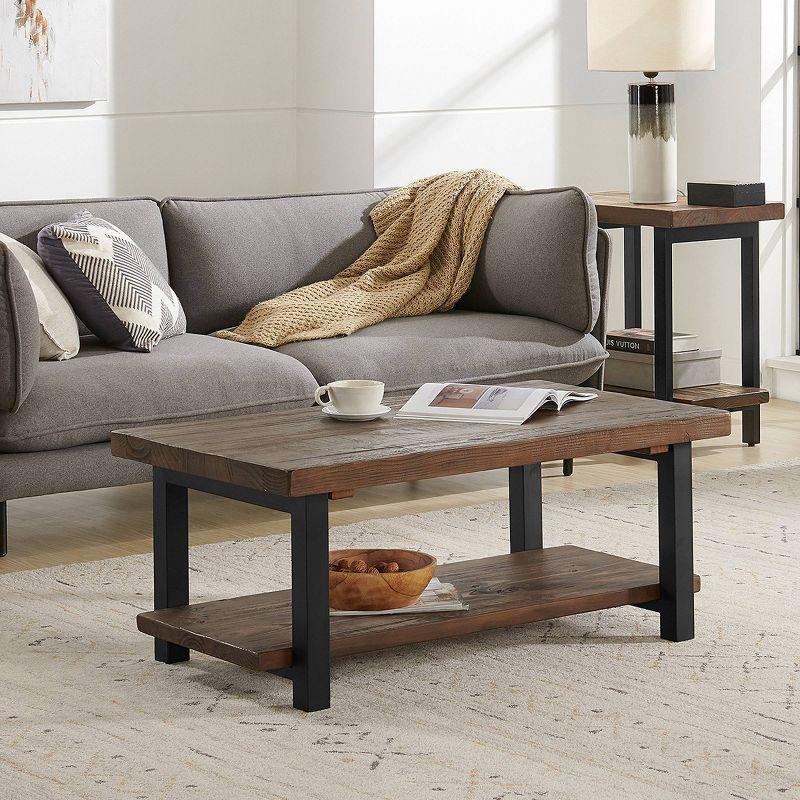 Alaterre Furniture 42" Pomona Wide Coffee Table Wood Rustic Natural: Fixed Shelf, Metal Frame, Living Room Furniture