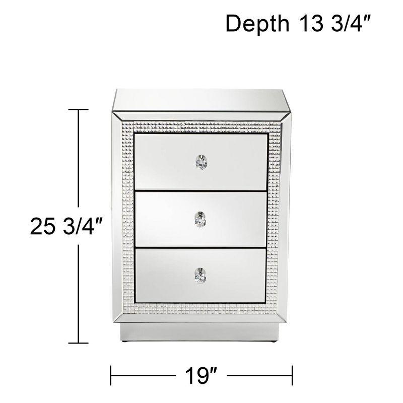 Studio 55D Biscaya Modern Mirrored Rectangular Accent Side End Table 19" x 13 3/4" with 3-Drawer Silver Crystal for Living Room Bedroom Bedside House