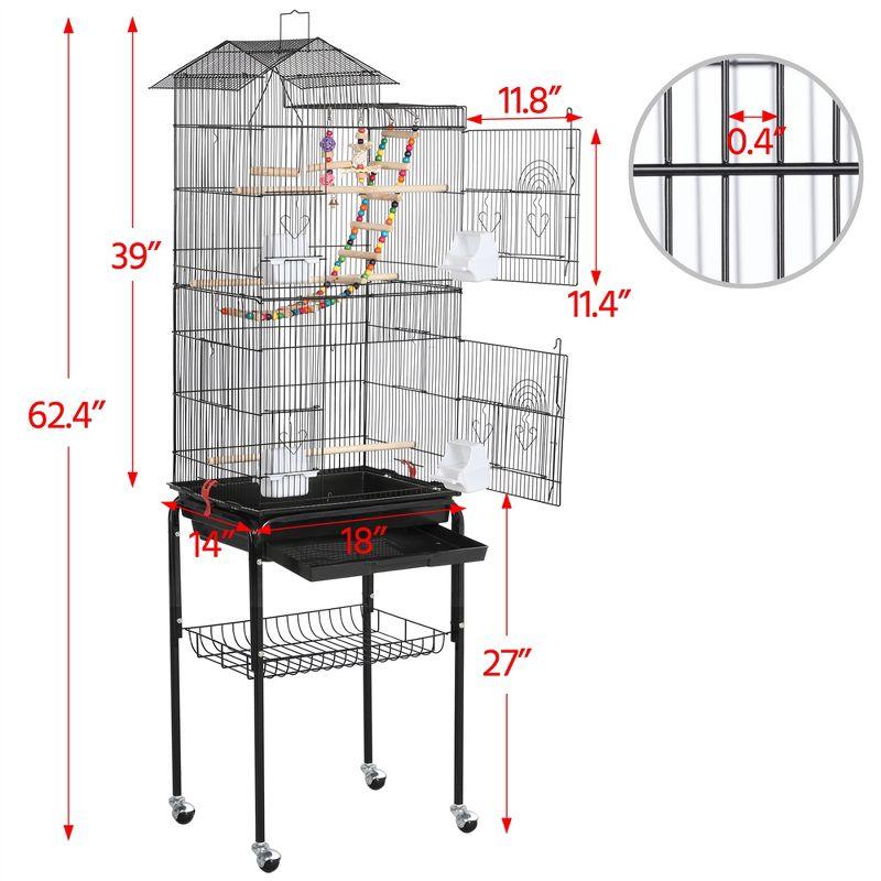 Black Wrought Iron Roof Top Birdcage with Rolling Stand