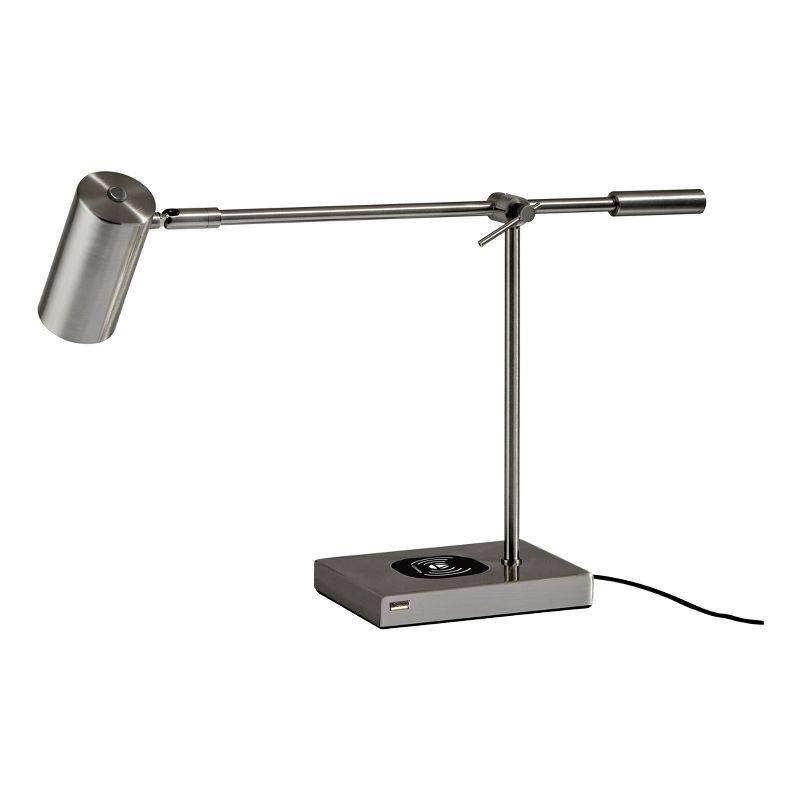 Flemings Brushed Steel Adjustable LED Desk Lamp with USB & Qi Charging