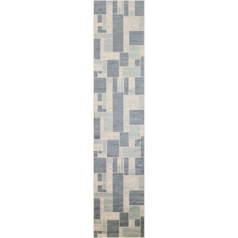 Nourison Astra Machine Washable Contemporary Color Block Indoor Rug Blue Ivory 2'2" x 10'