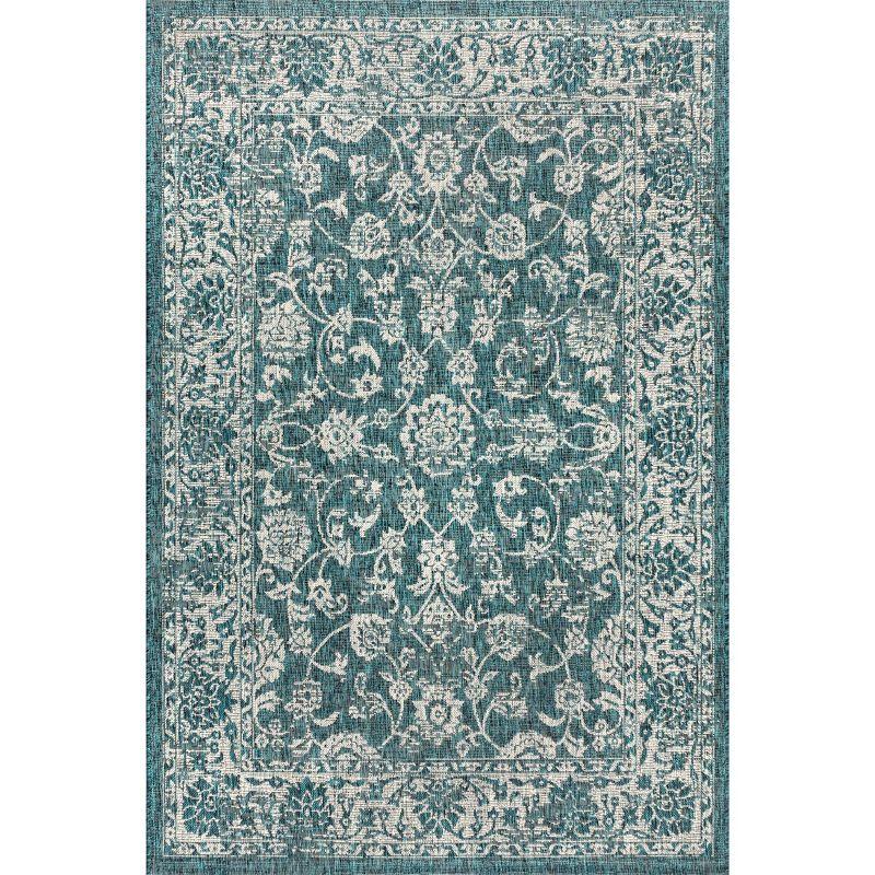 Teal and Gray Bohemian Floral Indoor/Outdoor Area Rug