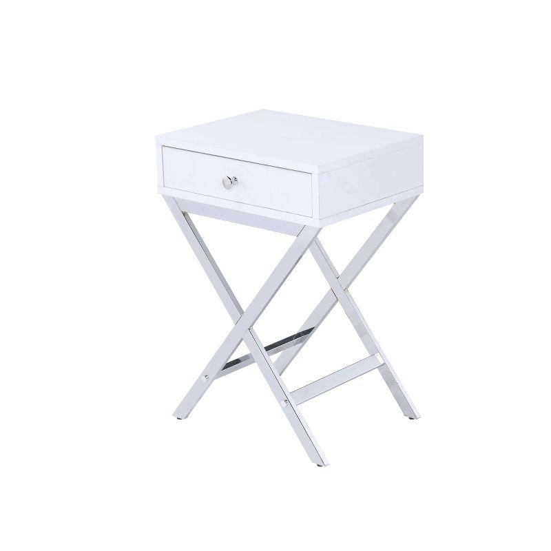 16" Coleen Accent Table White/Chrome Finish - Acme Furniture: Brass Base, Drawer Storage, No Assembly Required