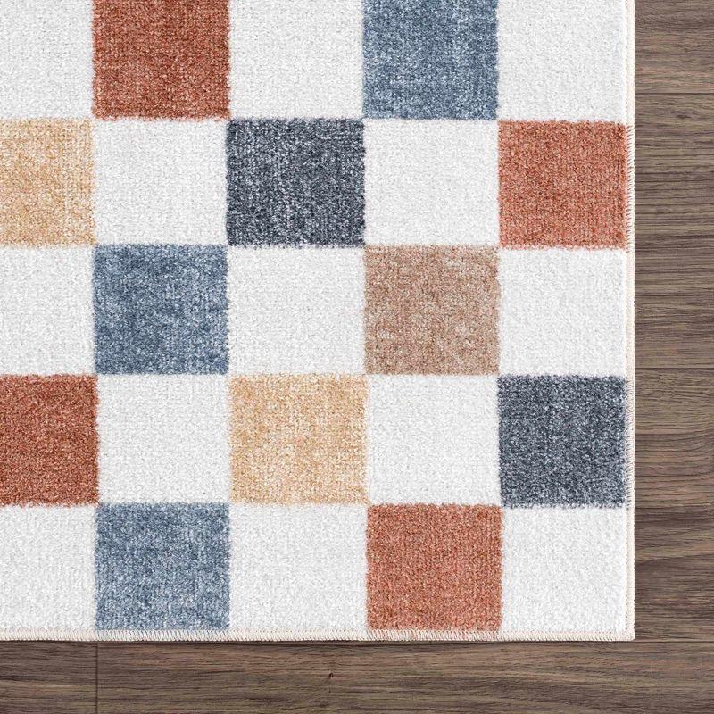 Alia Blue and Tan Checkered Washable Polyester Rug