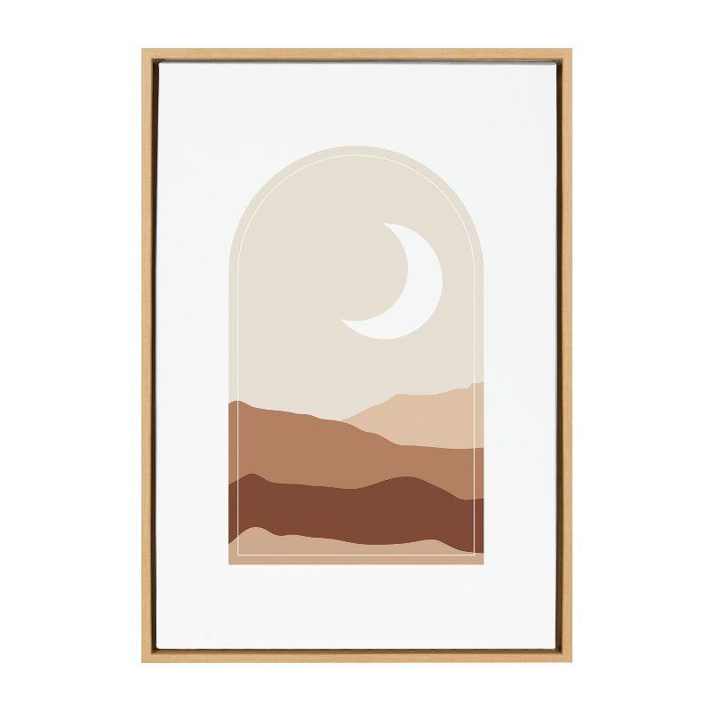 Boho Moonlit Landscape Abstract Canvas Print with Natural Frame