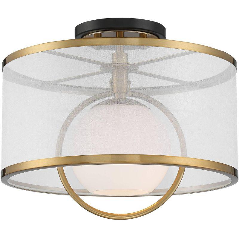 Possini Euro Design Carlyn Modern Art Deco Ceiling Light Semi Flush Mount Fixture 14" Wide Warm Brass Black Orb Organza Drum Shade for Bedroom Kitchen