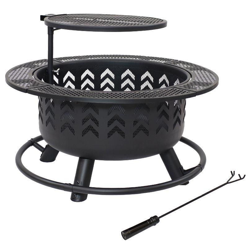 Sunnydaze Arrow Motif Heavy-Duty Steel Fire Pit with Cooking Grate, and PVC Cover - 32-Inch Round - Black