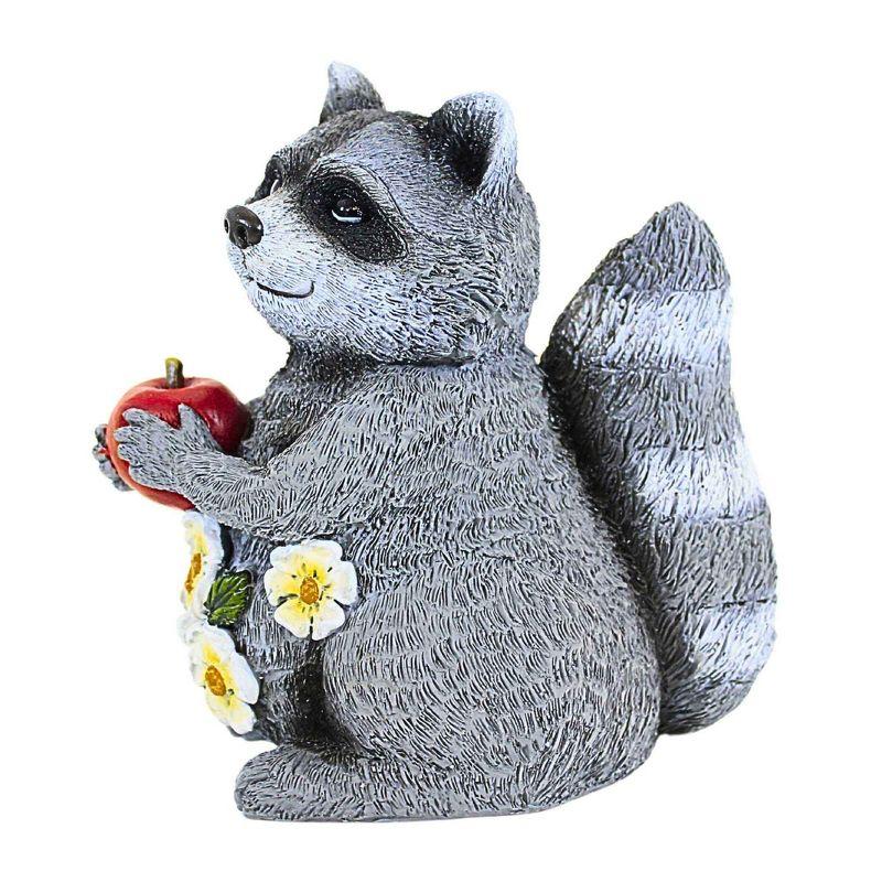 8.5 Inch Gray Polyresin Raccoon Garden Statue with Apple and Flowers