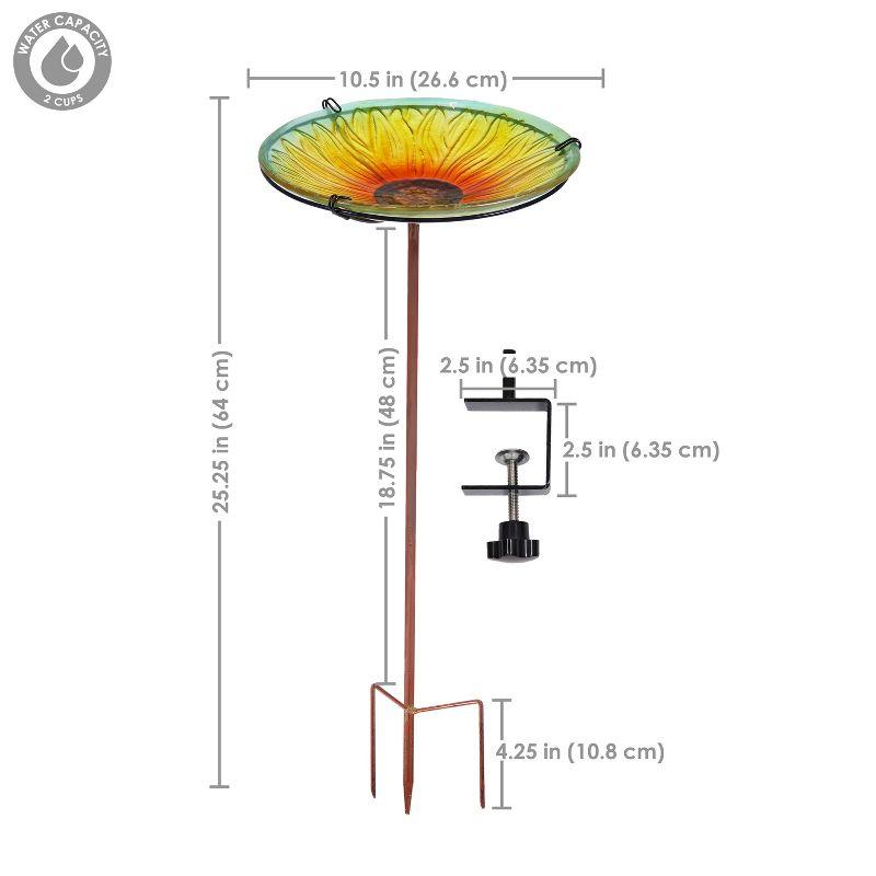 Blooming Sunflower Glass Bird Bath with Iron Stake and Clamp