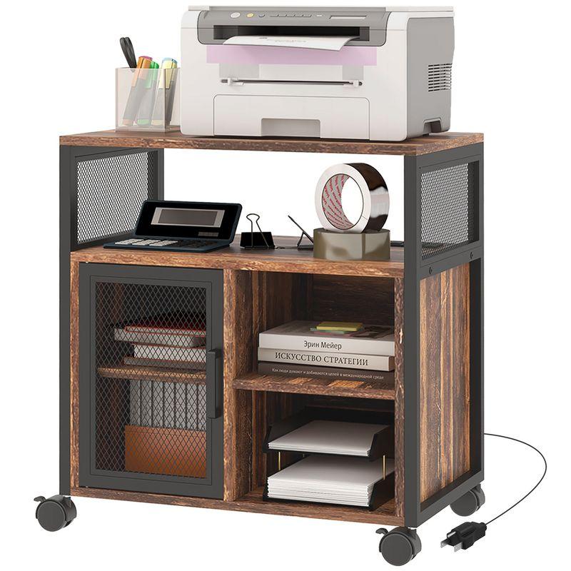 Vinsetto Printer Table with Socket and USB Charging Ports, Mobile Printer Stand with Storage Cabinet, Wheels, Adjustable Shelf, Rustic Brown