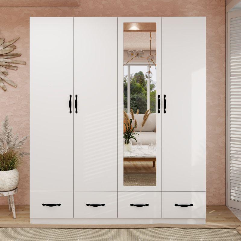 Keloyid White Wood 62.99 in. Armoire with 4 Drawers, 3 Shelves and Hanging Rails