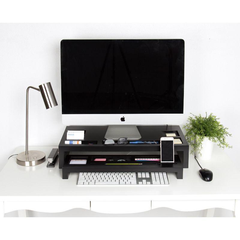 Black Wood Desktop Monitor Stand with Organizer Slots