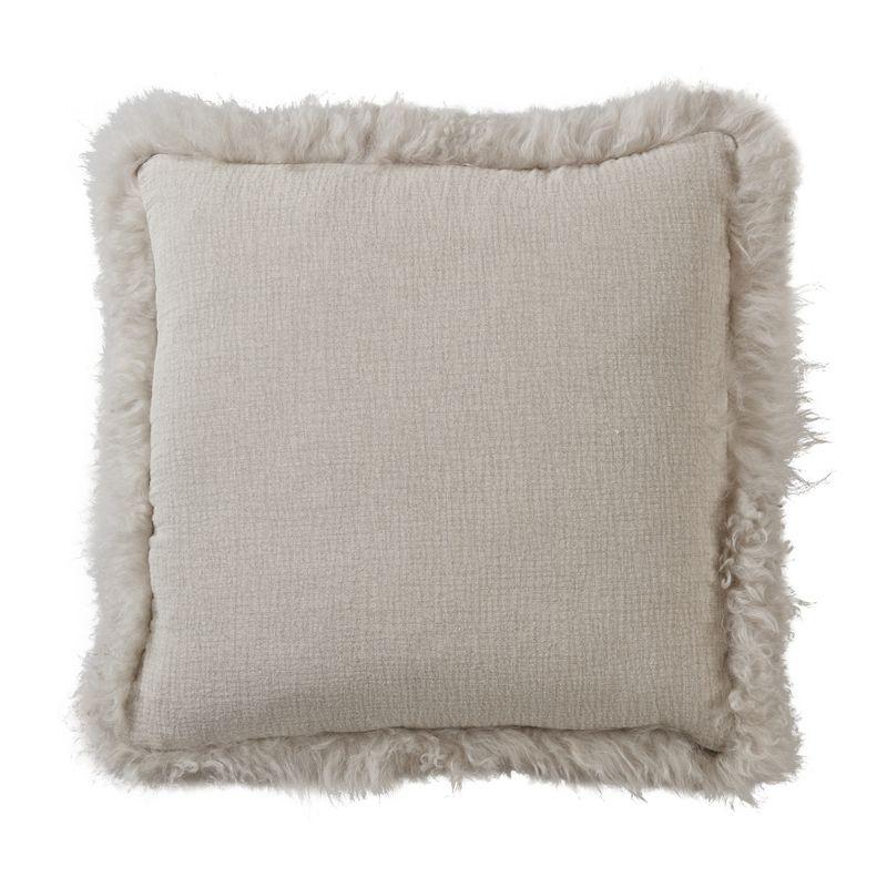 Gray Linen Throw Pillow with Plush Lamb Fur Border