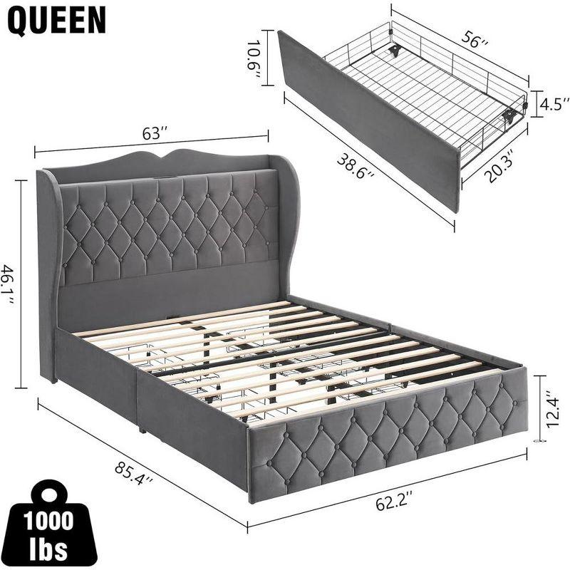 Queen Gray Velvet Upholstered Platform Bed with Storage Drawers