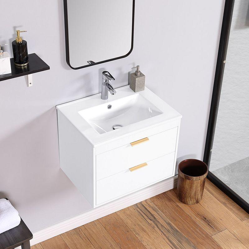 24" Wall Mounted Bathroom Vanity With Ceramic Sink Floating Bathroom Storage Cabinet With 2 Drawers Soft Close Doors For Home, White