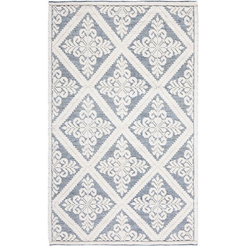 Hand-Knotted Blue and Ivory Wool Rectangular Area Rug