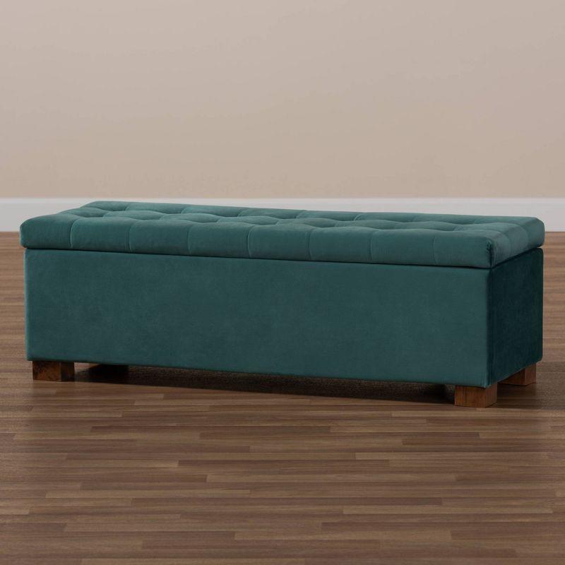 Teal Velvet Tufted Storage Ottoman Bench with Walnut Legs