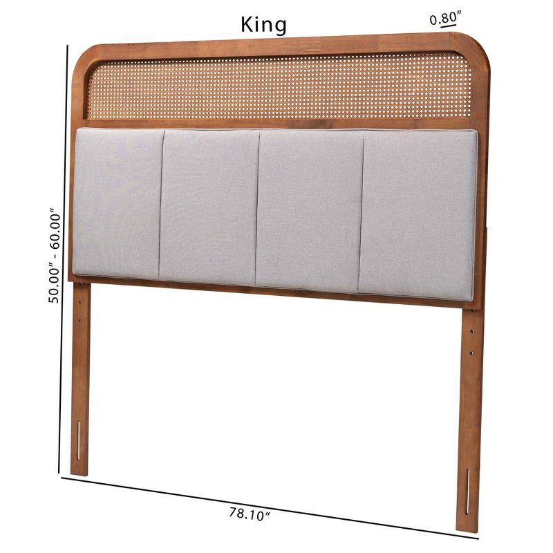 Baxton Studio King Esti Fabric and Wood Headboard with Rattan Light Gray/Ash Walnut: Mid-Century Design, 5 Adjustable Heights