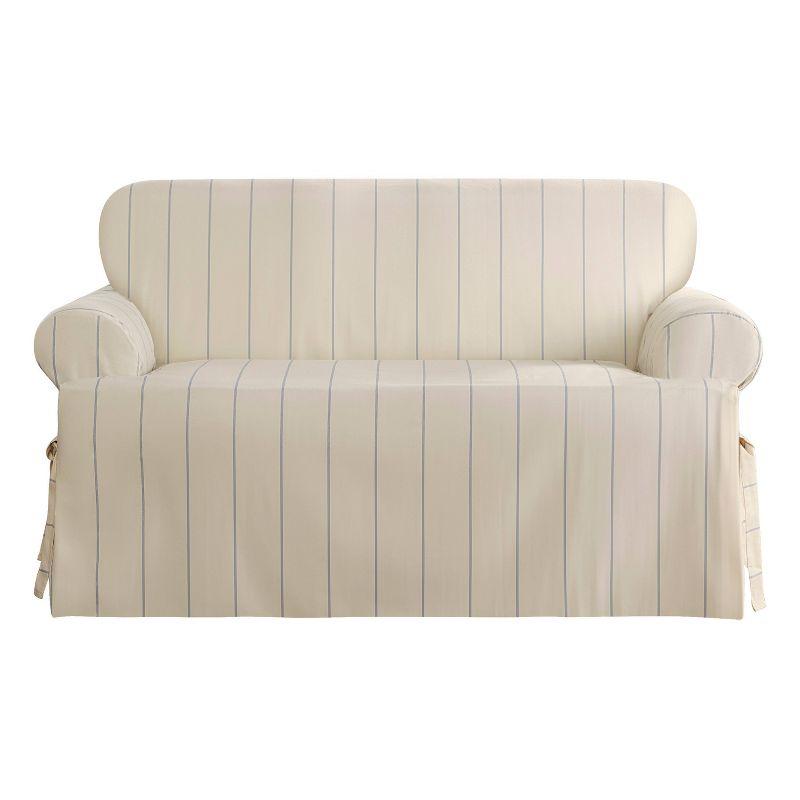 Heavyweight Cotton Duck T-Cushion Loveseat Slipcover with Blue Stripes