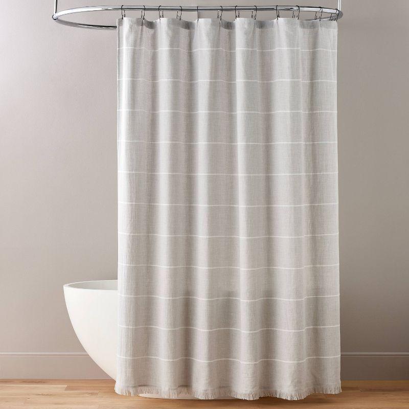 Gray and Cream Cotton Blend Striped Shower Curtain with Fringe