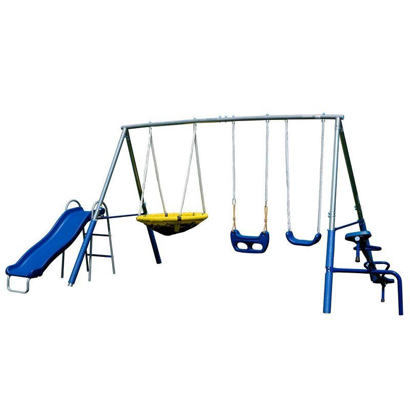 Sportspower Sportspower Taylor Galvanized Metal Swing Set With Blow Molded Swing, Standing Swing, 2 Person Teeter Totter, 32" Saucer Swing, And 5' Slide, Bonus 4pc Anchor Kit Included