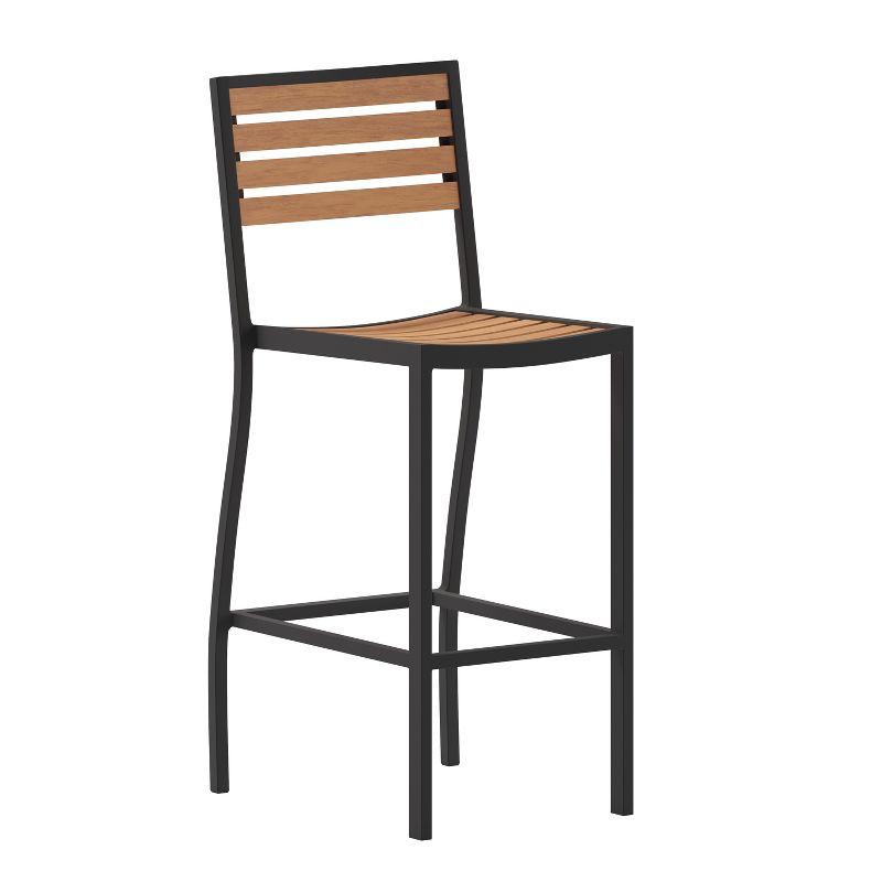 All-Season Faux Teak Poly Resin Slatted Bar Height Stool with Aluminum Frame