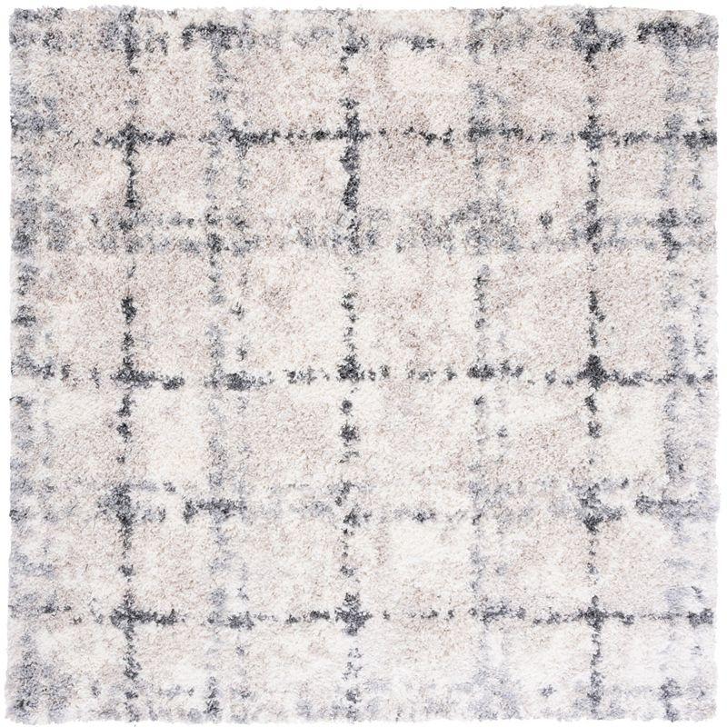 Ivory and Gray Square Shag Synthetic Area Rug