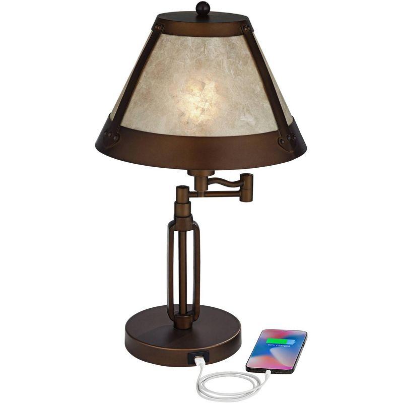 Franklin Iron Works Samuel Industrial Desk Lamp 21 1/4" High Bronze Swing Arm with USB Charging Port Natural Mica Shade for Bedroom Living Room House