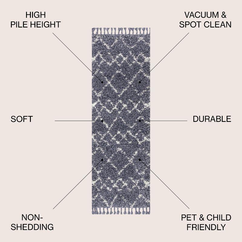 2'x8' Mercer Shag Plush Tassel Moroccan Geometric Trellis Area Rug, Denim/Cream - JONATHAN Y