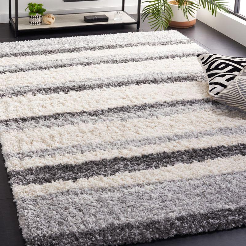 Ivory and Grey Striped Synthetic Shag Area Rug